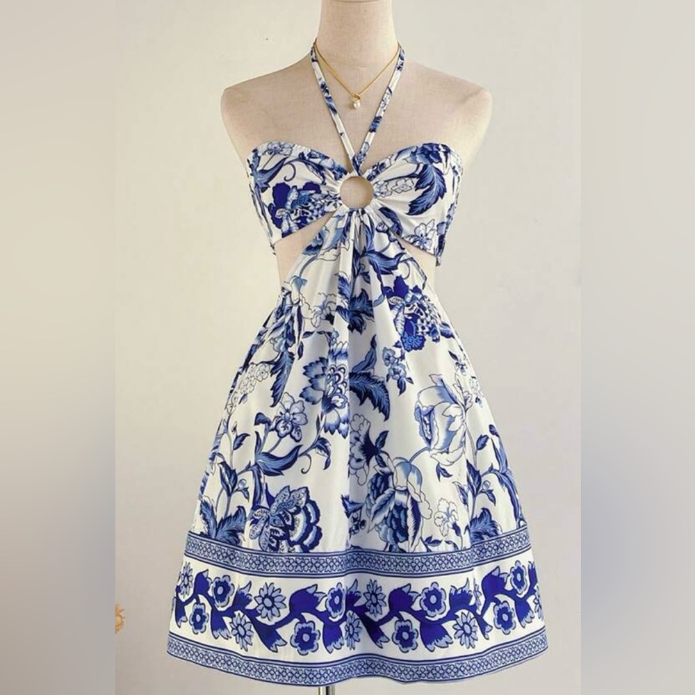 Floral Halter Dress in Blue and White
